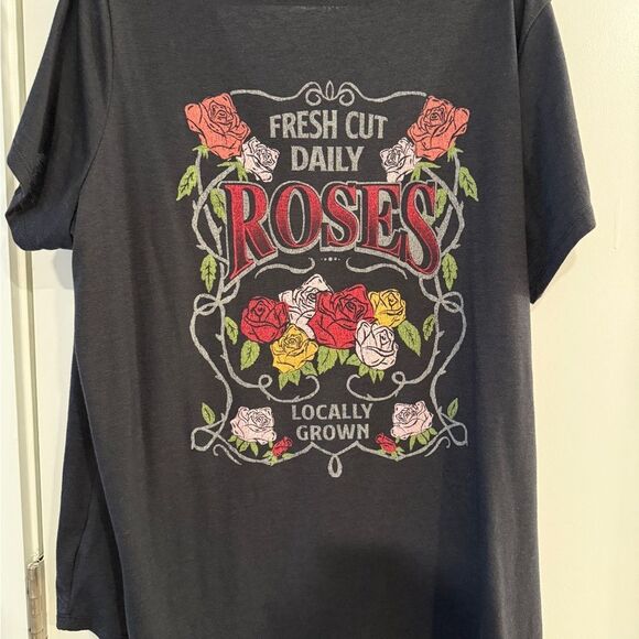 Torrid Black V-Neck Tee with Red and Pink Rose Embroidery - Picture 2 of 5